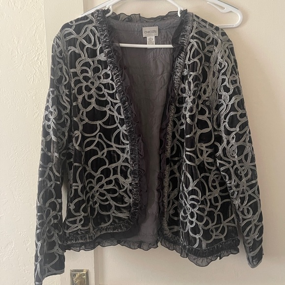 VTG CHICO Grey Metallic floral JACKET Blazer Bohemian Ruffle Artisan Sz 2 - Picture 2 of 11